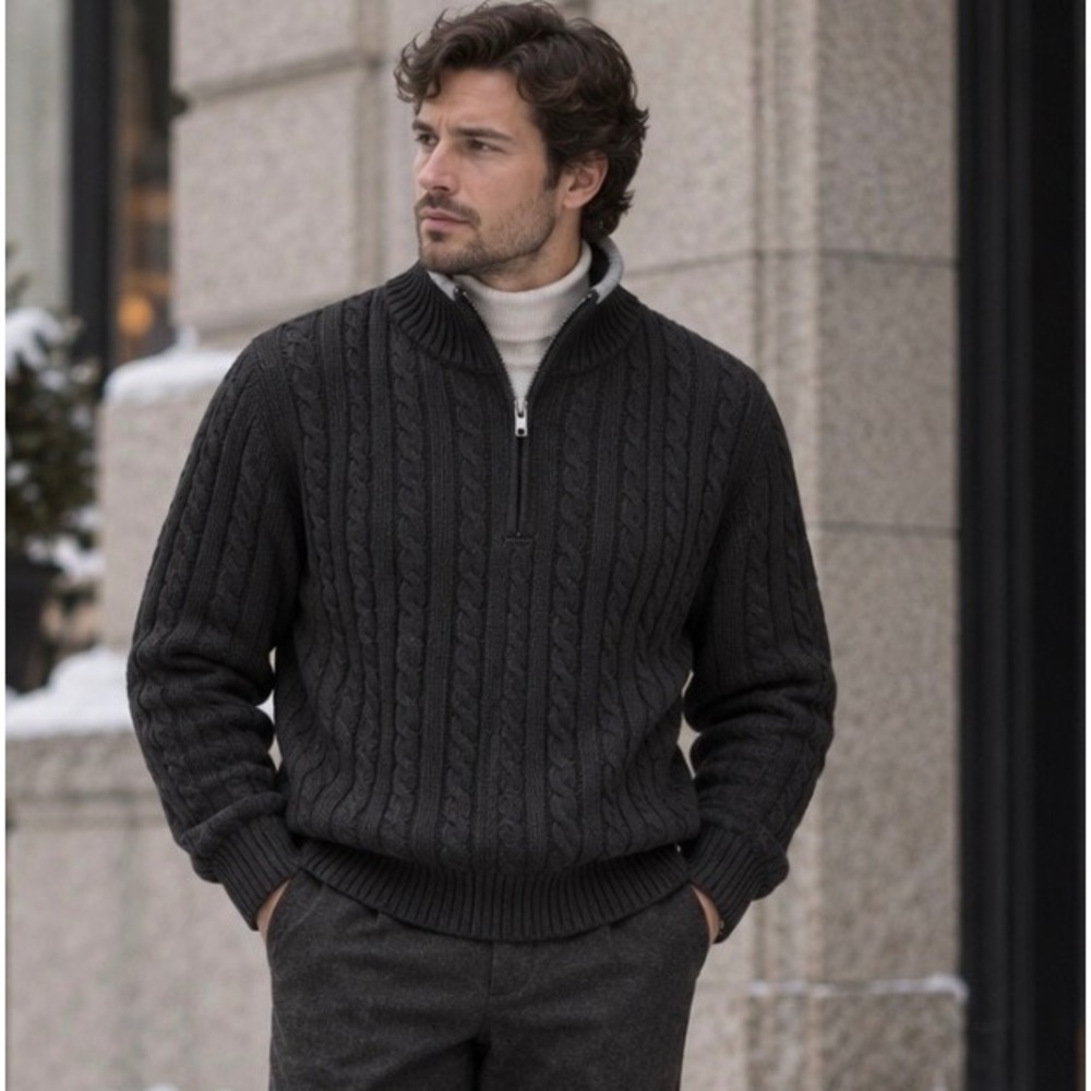 Peruvian Alpaca Sweater Men L Black Cable Knit Quarter Zip Quiet Luxury Academia